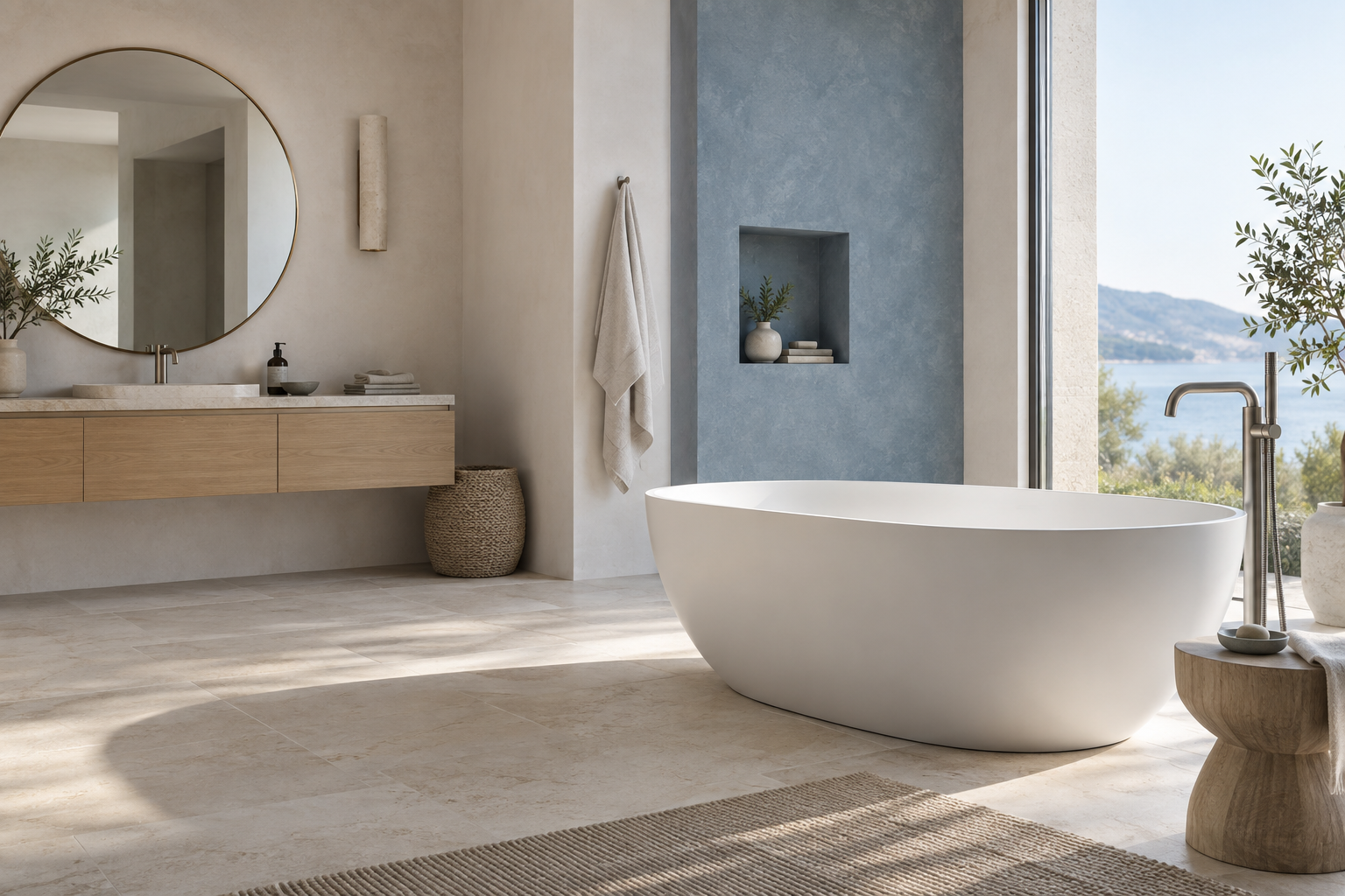 Conceptual bathroom interior with a white freestanding bath and oak vanity